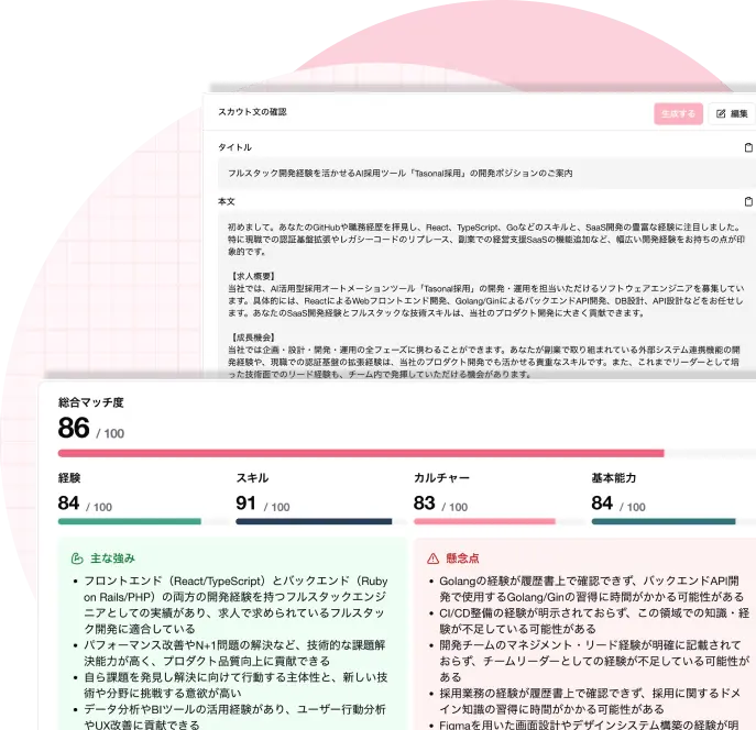 AIによって生成されたスカウト文章の詳細画面と候補者と求人のマッチ度詳細の画面